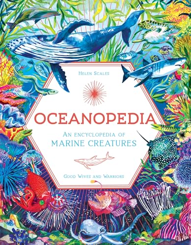 Book cover, “Oceanopedia,” featuring colorful illustrations of marine life.