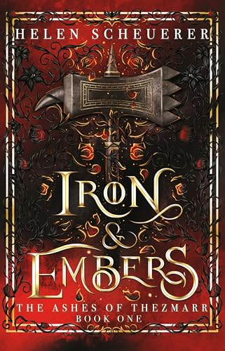 Book cover with a large war hammer, gold text, and red floral vine background.