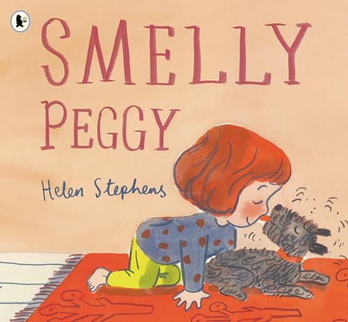 Illustration of a child kissing a scruffy, gray dog on a red rug.