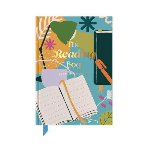 A teal journal titled The Reading Log featuring illustrations of an open book and lamp.