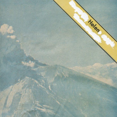 The alt text for the image is: "Vinyl record cover with mountain landscape and yellow diagonal stripe."