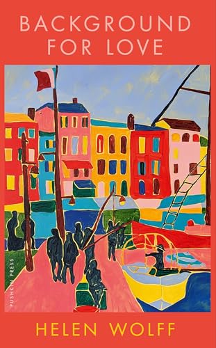 Colorful painted coastal town scene with boats and silhouetted figures.