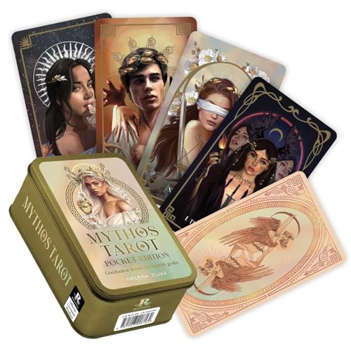 Mythos Tarot pocket tin and several illustrated cards featuring Greek mythological figures.