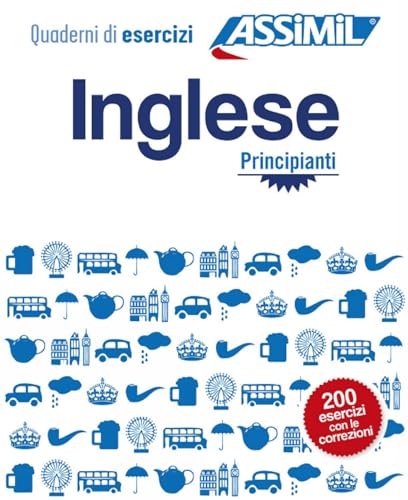 Blue cover of Italian English beginner exercise book with icons.