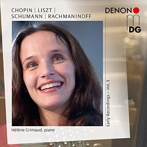 Album cover featuring a smiling Hélène Grimaud with text listing composers and Denon MDG logo.