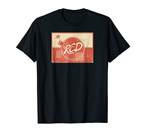 Black t-shirt with a red and yellow graphic of a dynamite stick.