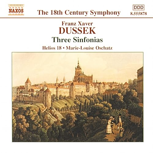 CD cover for "Helios 18 - Dussek: Three Sinfonias" with a city landscape.