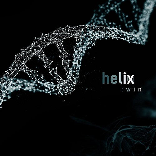 Dark album cover with a glowing, abstract DNA helix and text “helix twin”.