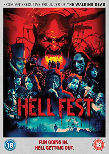 DVD cover for "Hell Fest" with a red demonic face and frightened people below.