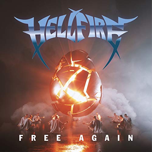 Hellfire album cover: cracked orb with light, figures kneeling below.