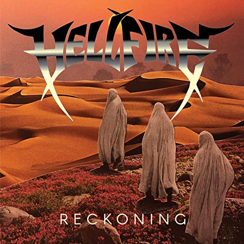 Album cover for "Hell Fire - Reckoning" with figures in a desert landscape.