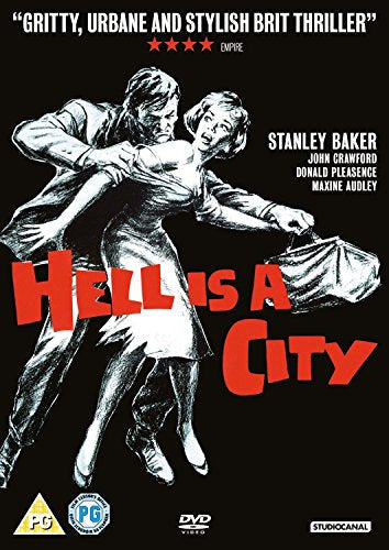 Movie poster for "Hell Is A City" featuring a struggling couple and bold red text.