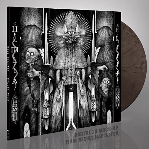 Dark album cover with religious imagery and a vinyl record beside it.
