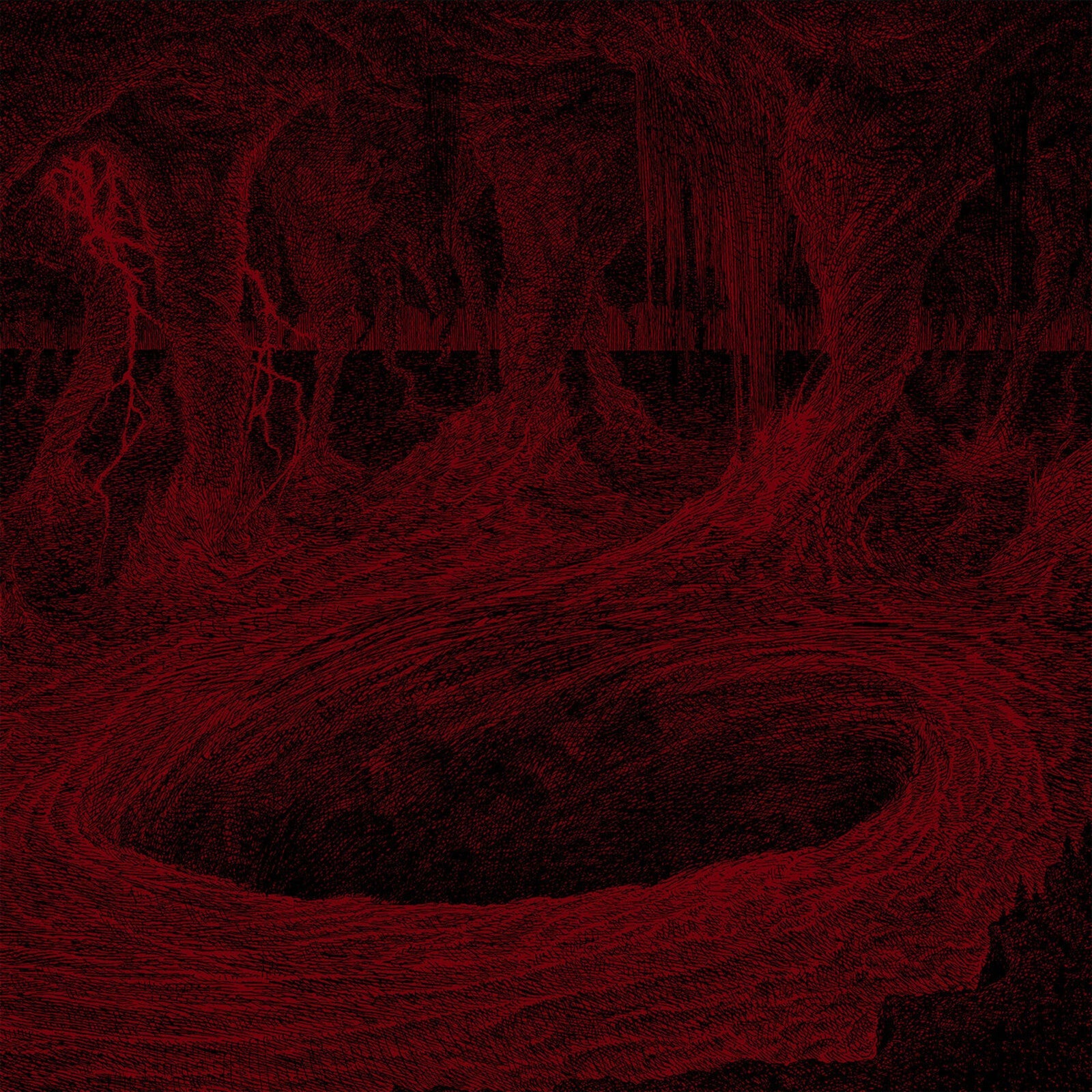 Red, textured illustration of a swirling vortex or chaotic landscape.