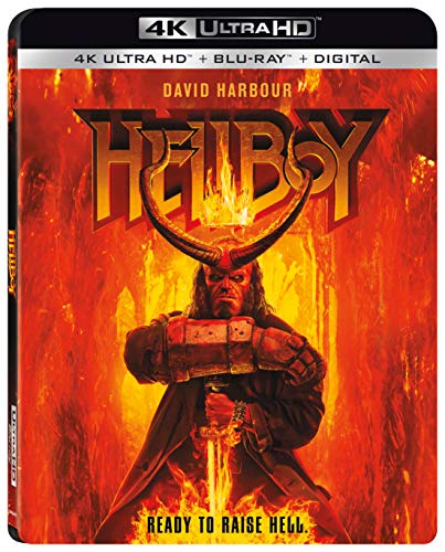 Hellboy movie cover featuring a red demon with horns and a stone right hand.