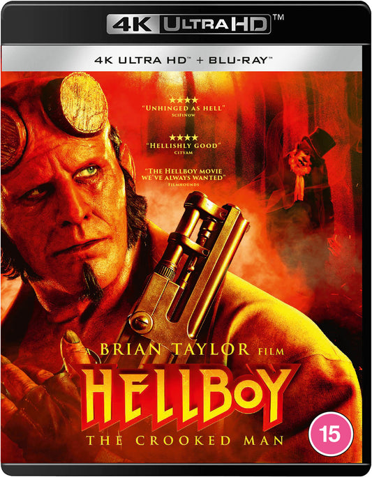 Hellboy holding a revolver, 4K UHD and Blu-ray movie cover.