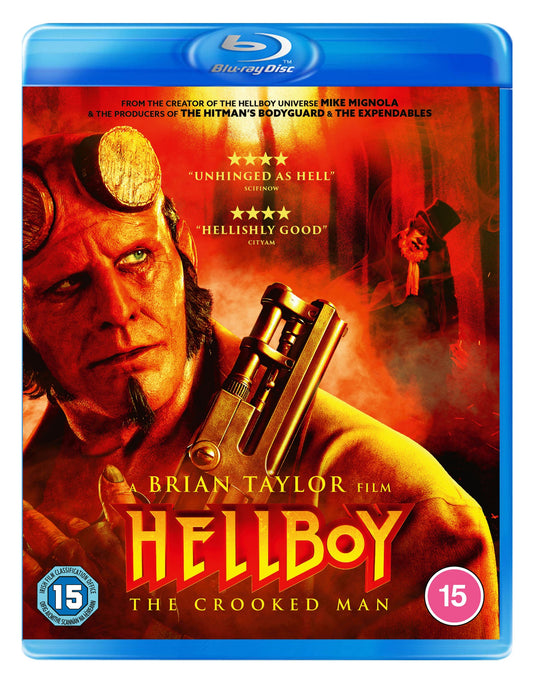 Hellboy Blu-ray cover featuring a red demon holding a revolver in a forest.