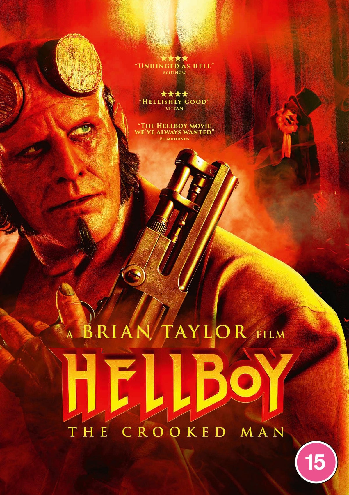Red-skinned Hellboy holds a revolver, DVD cover for "The Crooked Man.