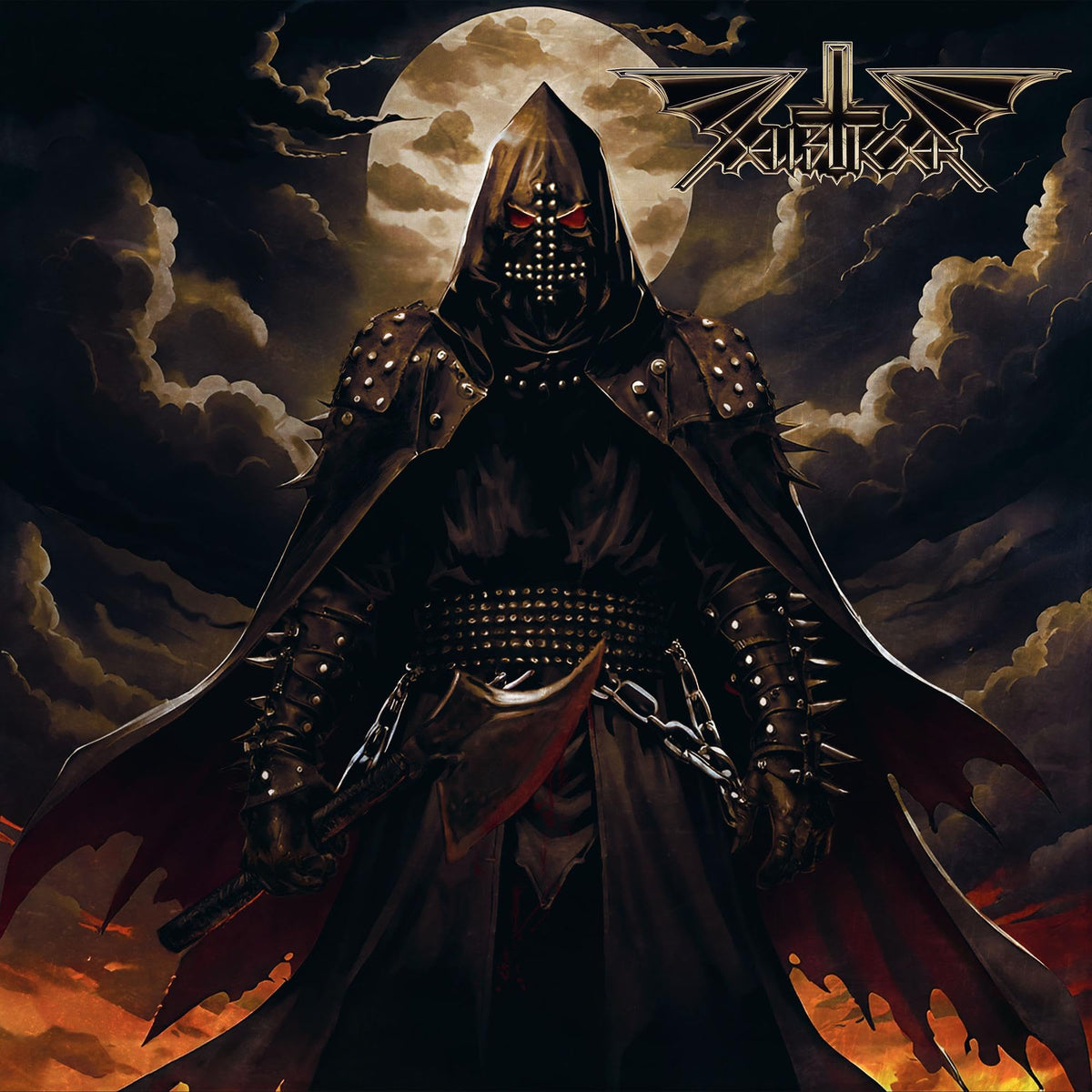 Dark fantasy album cover featuring a hooded, armored figure with blades.