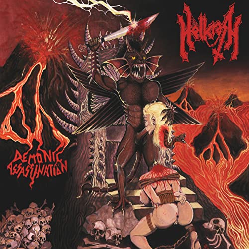 A winged demon stands over a decapitated figure in a volcanic, hellish landscape.