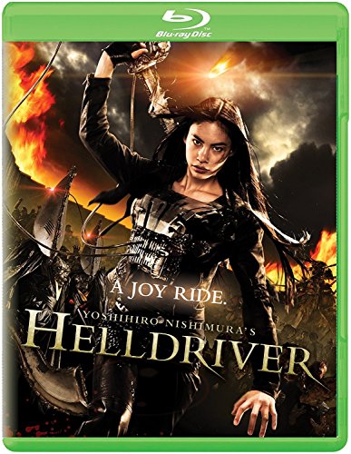 A woman with a mechanical chest piece holds a sword against a fiery background.
