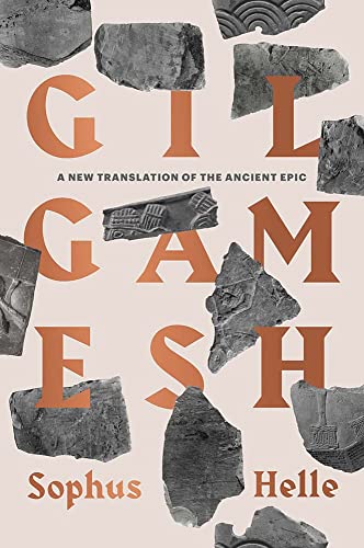 Book cover for "Gilgamesh" with large orange letters and stone fragments.
