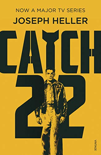 Yellow book cover for "Catch-22" featuring a portrait of a man in uniform.