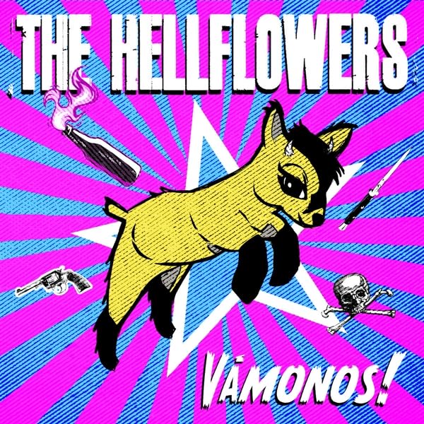 Record cover with yellow fox, guns, skull, and radiating pink and blue lines.