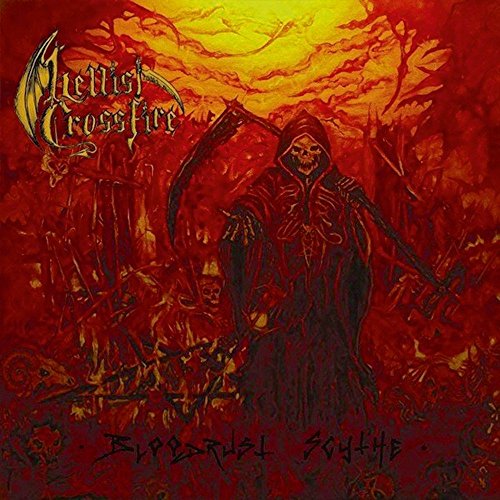 A grim reaper holding a scythe stands in a fiery, red-toned hellish landscape.
