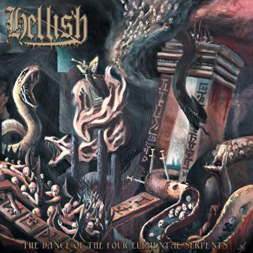 Dark fantasy album cover featuring serpents, flames, and stone structures.