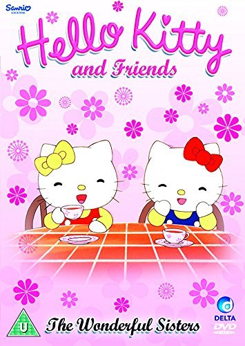 "Pink DVD cover featuring Hello Kitty characters having tea on a red tablecloth."
