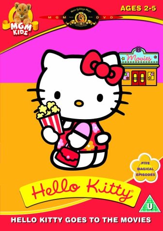 Hello Kitty holding popcorn in front of a movie theater on a DVD cover.