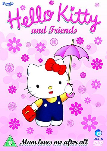 Hello Kitty with a red umbrella on a pink floral DVD cover.