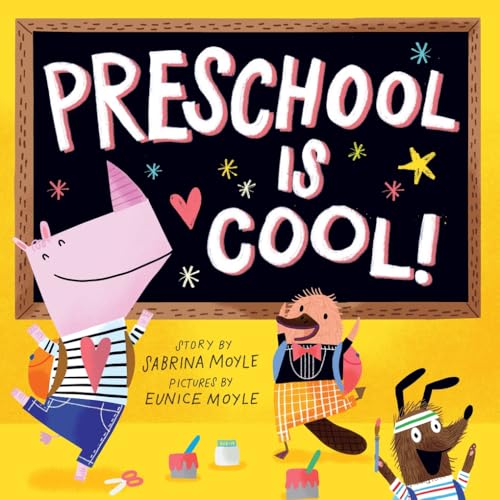 Colorful illustration of animal characters with a chalkboard reading “Preschool Is Cool!”