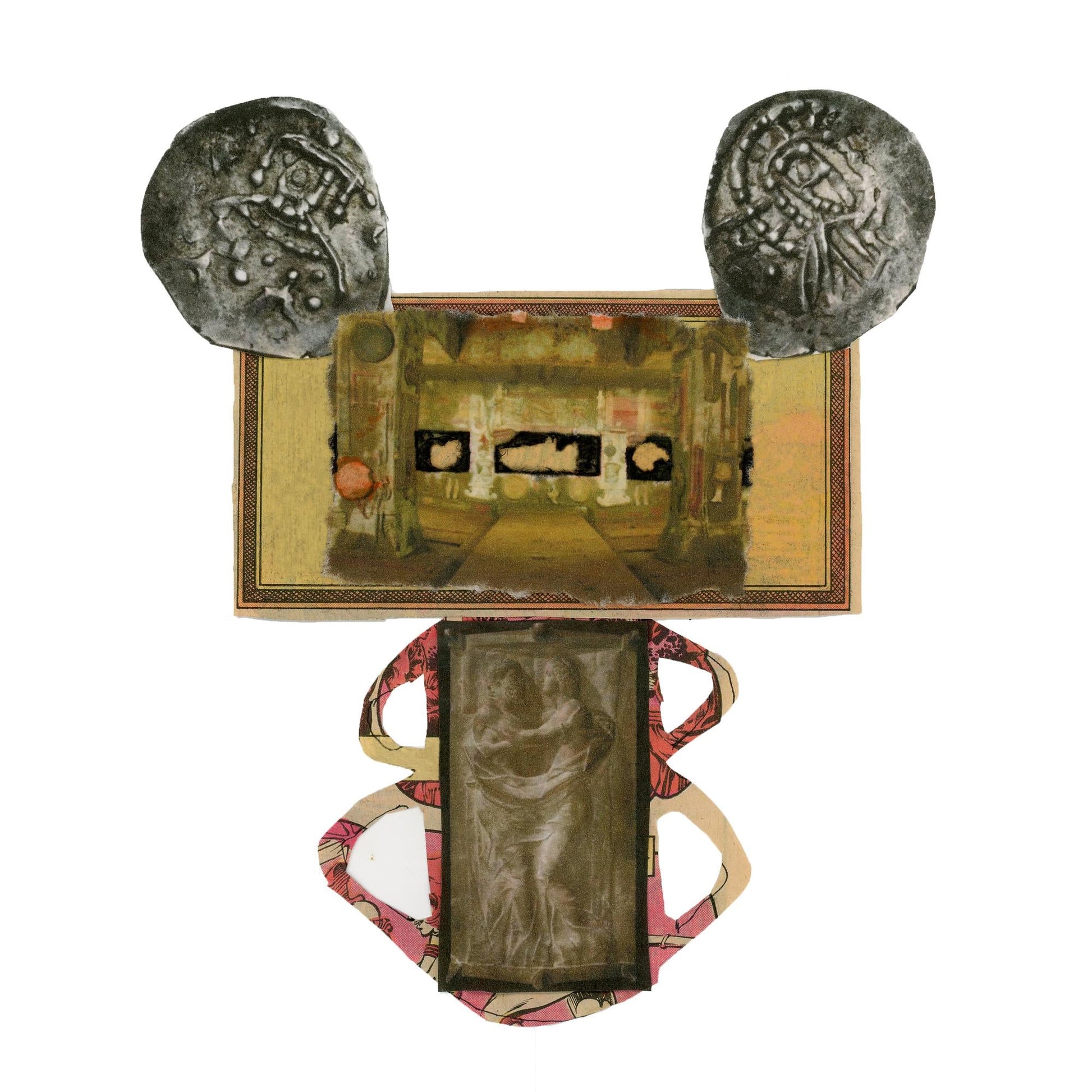 Collage art featuring two coin-like shapes atop a rectangular building image and figure cutout.