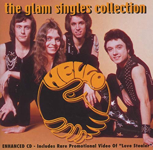 Four band members posing together on the Hello Glam Rock Singles Collection album cover.