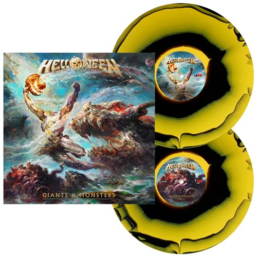 Helloween “Giants & Monsters” vinyl record with black and yellow swirl design.