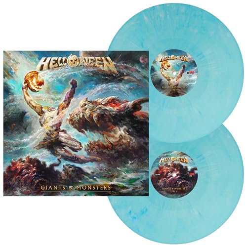 Helloween "Giants & Monsters" double vinyl record in light blue, with album art.