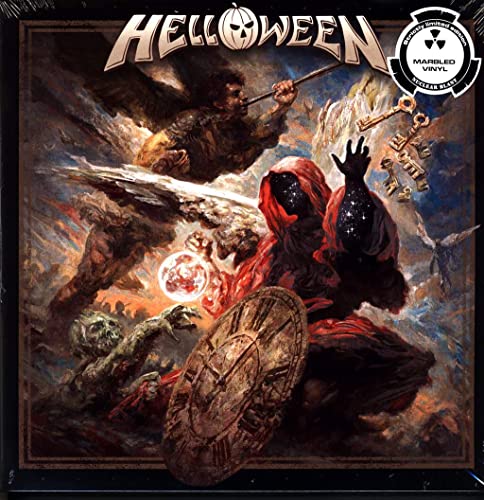 Helloween album cover featuring fantasy figures, a clock, and fiery orb.