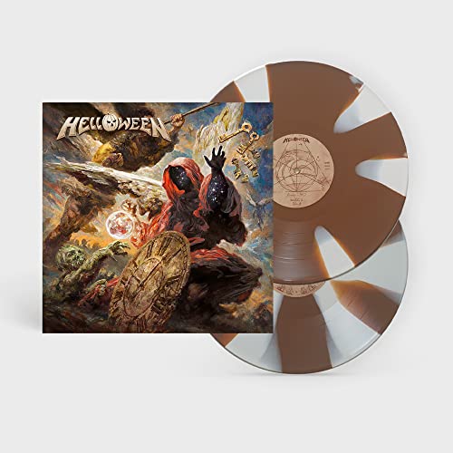 Helloween album cover and brown-swirled vinyl record on white background.