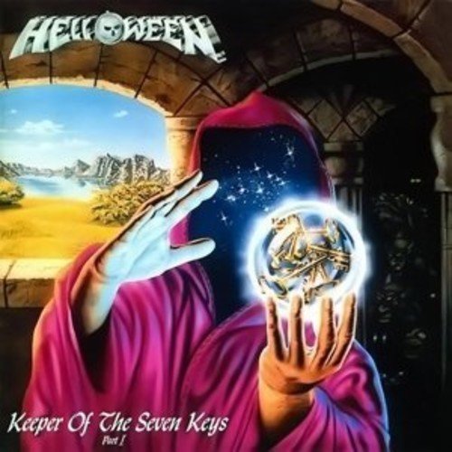A hooded figure in pink holds a glowing orb with golden keys inside.