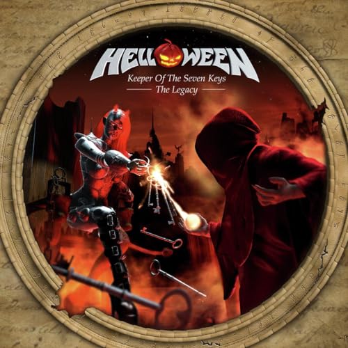 Helloween album cover: a knight, a hooded figure, and keys in flames.
