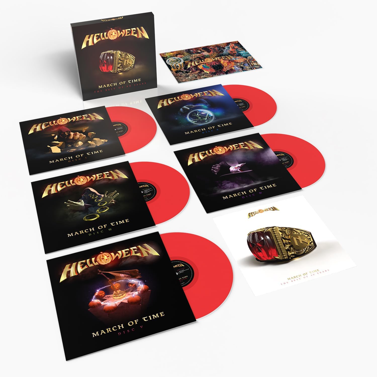 Helloween's "March of Time" vinyl box set with five colorful LPs.