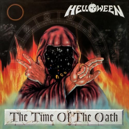 Helloween album cover: hooded figure with zodiac signs and flames.