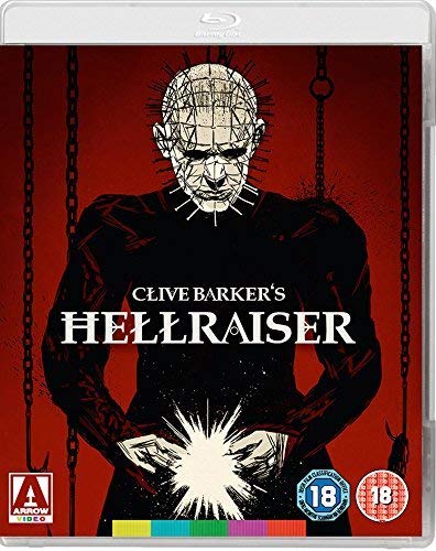 Hellraiser Blu-ray cover featuring Pinhead with chains and a red background.