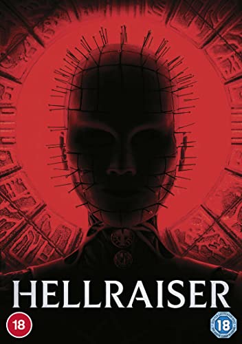 Hellraiser DVD cover featuring Pinhead’s face with pins, red background.