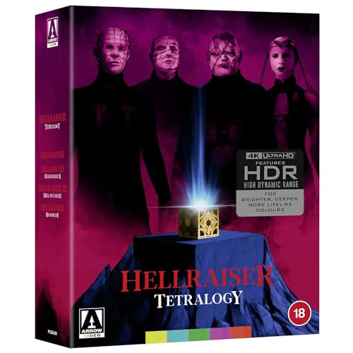 Hellraiser Tetralogy Blu-ray box set featuring four Cenobites and a glowing puzzle box.