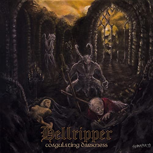 Dark fantasy album cover featuring a horned demon and fallen figures.