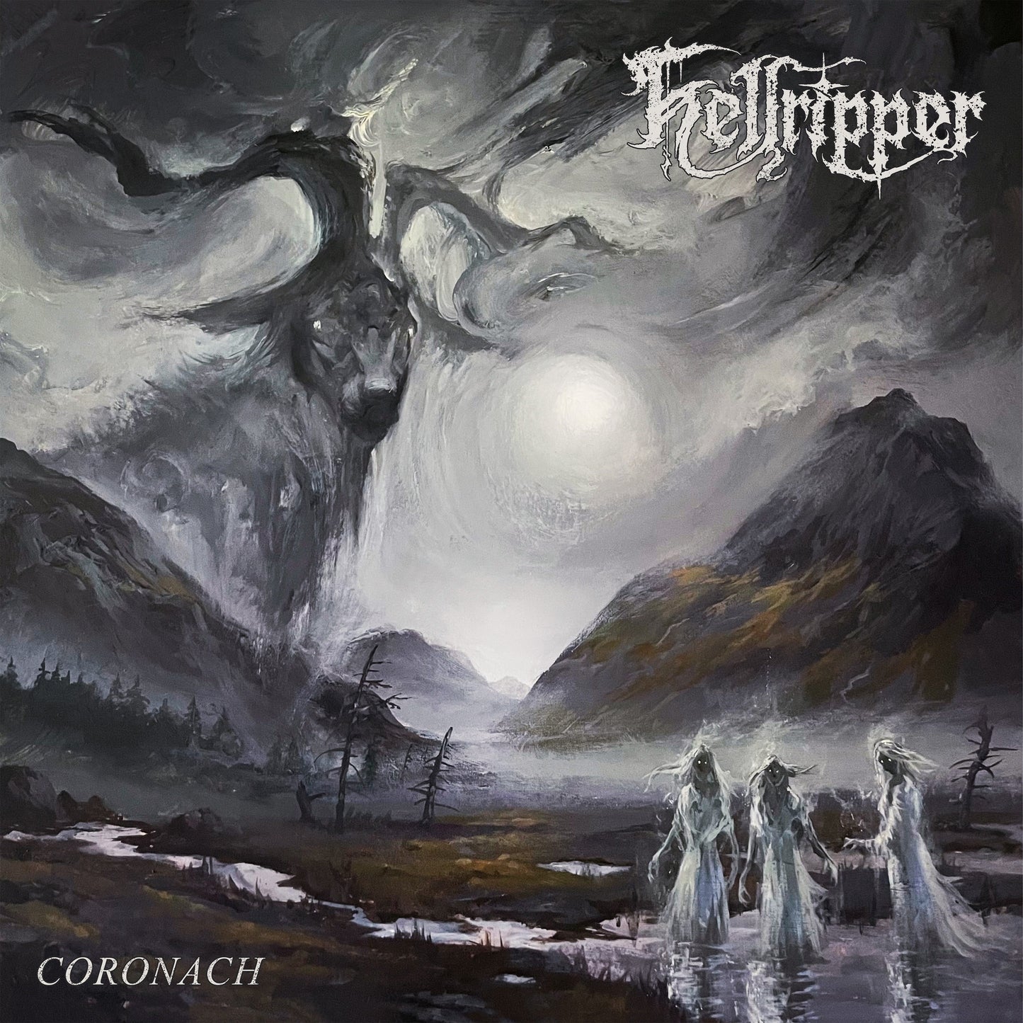 Dark fantasy album cover for Hellripper’s “Coronach” featuring a spectral figure.