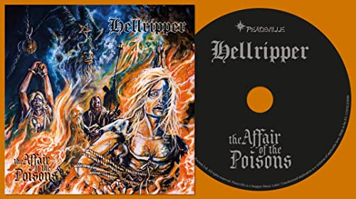 Hellripper CD cover art depicting a fiery scene with figures and the matching disc.